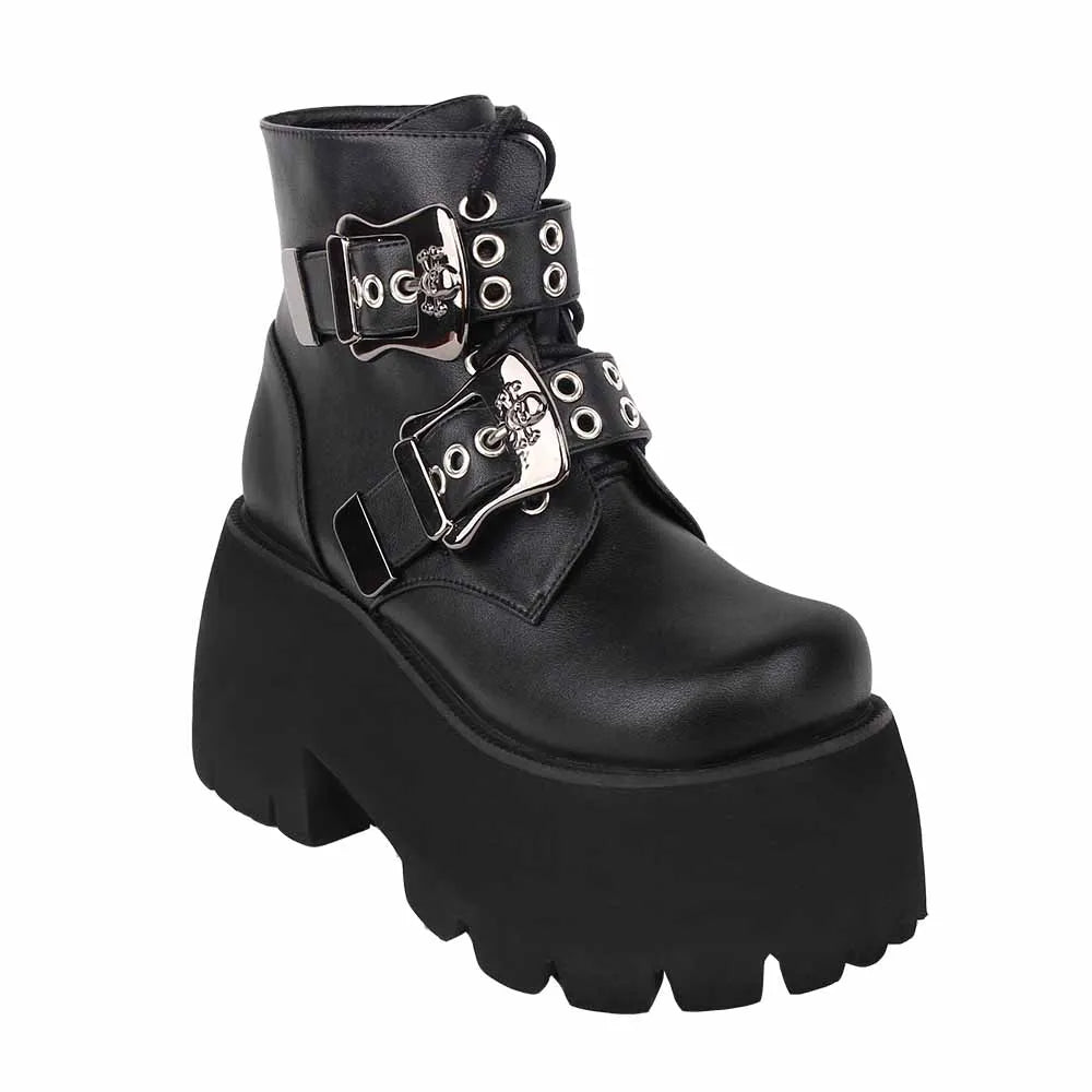 Angelic imprint Women Gothic motorcycle punk dark boots lady ankle Boots woman high heels pumps platform shoes skull lace up 558