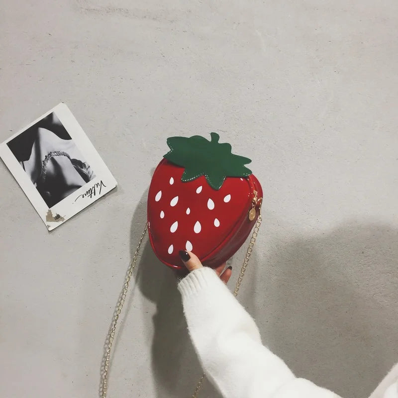 Strawberry Shaped Fun Novelty 3D Zip Closure Crossbody Bag With Chain Strap