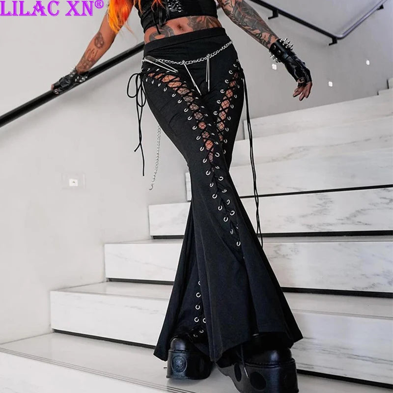 Lilac XN Goth Black Hollow Out Sexy Eyelet Bandage Bodycon Flare Leg Pants