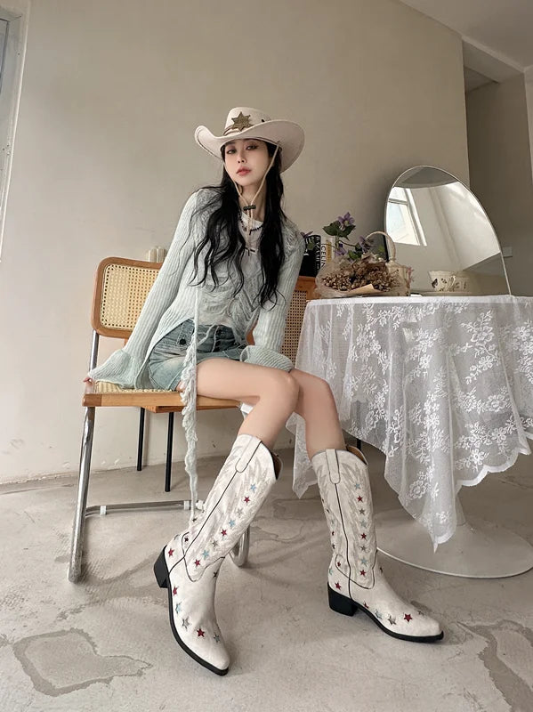 2024 Spring Retro Star Embroidered Western Cowboy Boots – Women's Pointed Toe Thick Heel High Boots