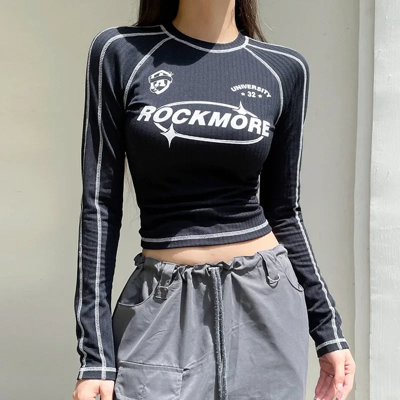 ALTGOTH Streetwear Black Slim Y2K Crop Top - Women's Aesthetic Letter Print Round Neck Long Sleeve T-Shirt, Graphic Grunge Clothing