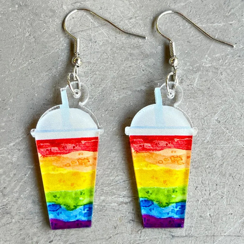 New Rainbow Game Machine, Mushroom Elf, and Comrades Earrings - Colorful Acrylic Fun Summer Beverage Earrings, Perfect Gift