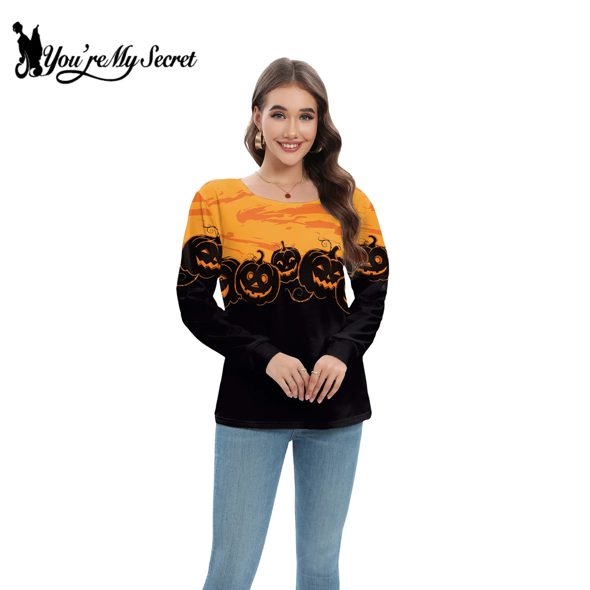 [You're My Secret] Women Slant Shoulder Long sleeve Vintage Crewneck Pullover Top Halloween Skull Printed Sweatshirt Streetwear