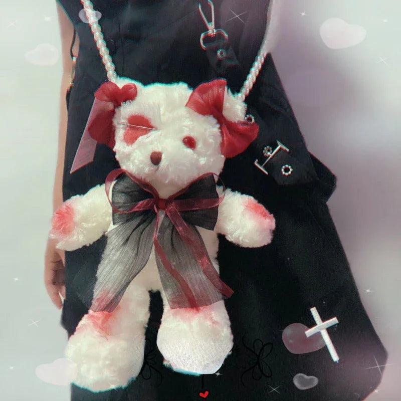 Lolita Goth 90's Throwback Soft Plush Teddy Bear Crossbody Handbag