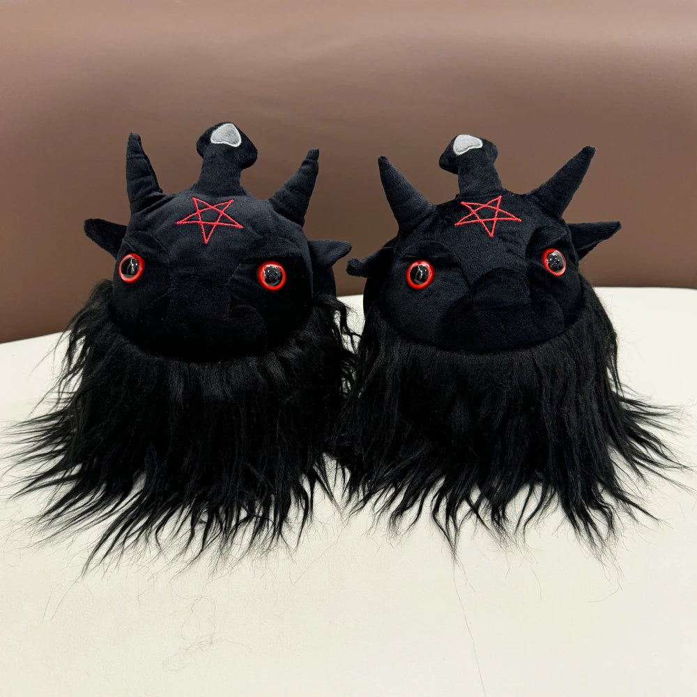 Highland Cow Diablo Series Plush Slippers – Horror-Themed Fluffy House Shoes, Dark Lord King Design