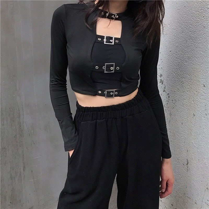 Sexy Women Crop Tops Hollow Out Buckle Long Sleeve Female Bodycon Tops