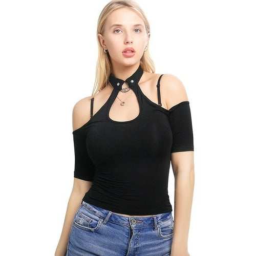 Sexy Women Crop Tops Hollow Out Buckle Long Sleeve Female Bodycon Tops