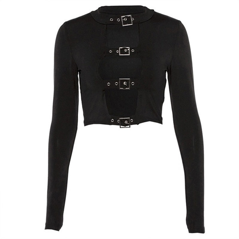 Sexy Women Crop Tops Hollow Out Buckle Long Sleeve Female Bodycon Tops