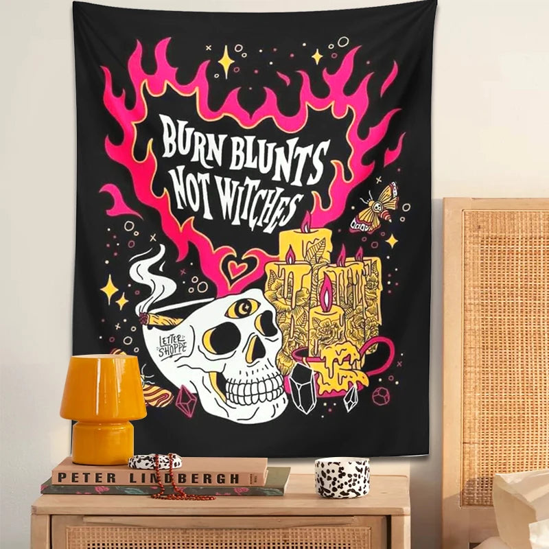 Skull Tapestry Wall Hanging | Psychedelic Burn Blunts Not Witches Moon Moth Divination | Boho Witch Skeleton Decor