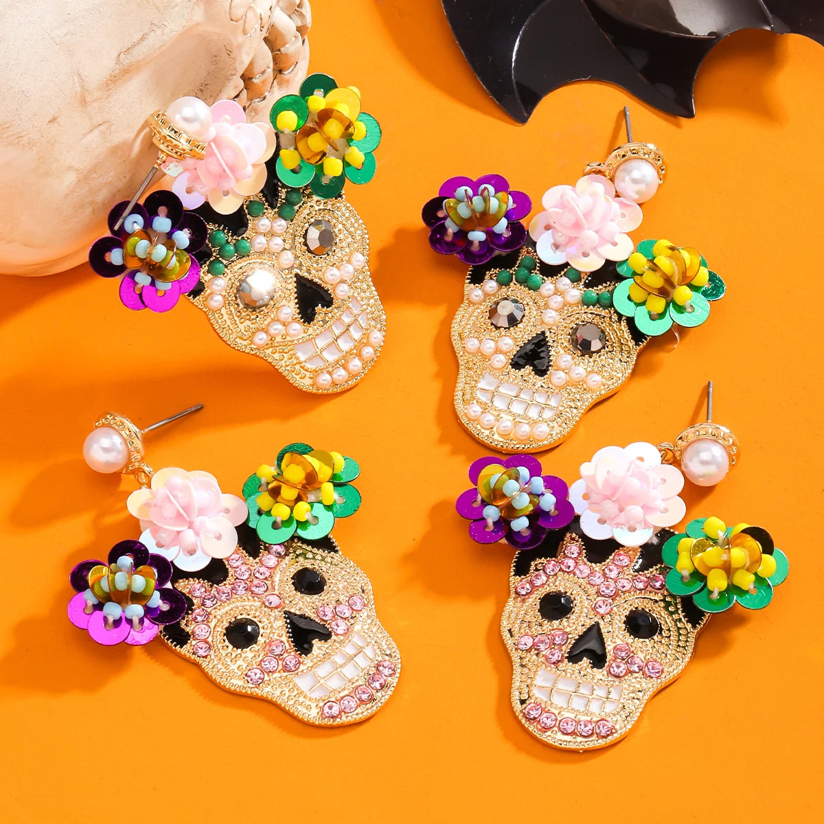 Day of the Dead Halloween Colorful Flower Sugar Skull Rhinestone Earrings – Women's Holiday Party Jewelry Gift Accessories