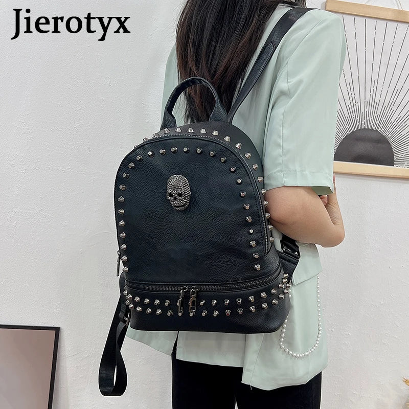 JIEROTYX Fashion Rivet Women Backpack - Gothic Style PU Leather Designer Backpack Purse, Large Capacity Black School Bag