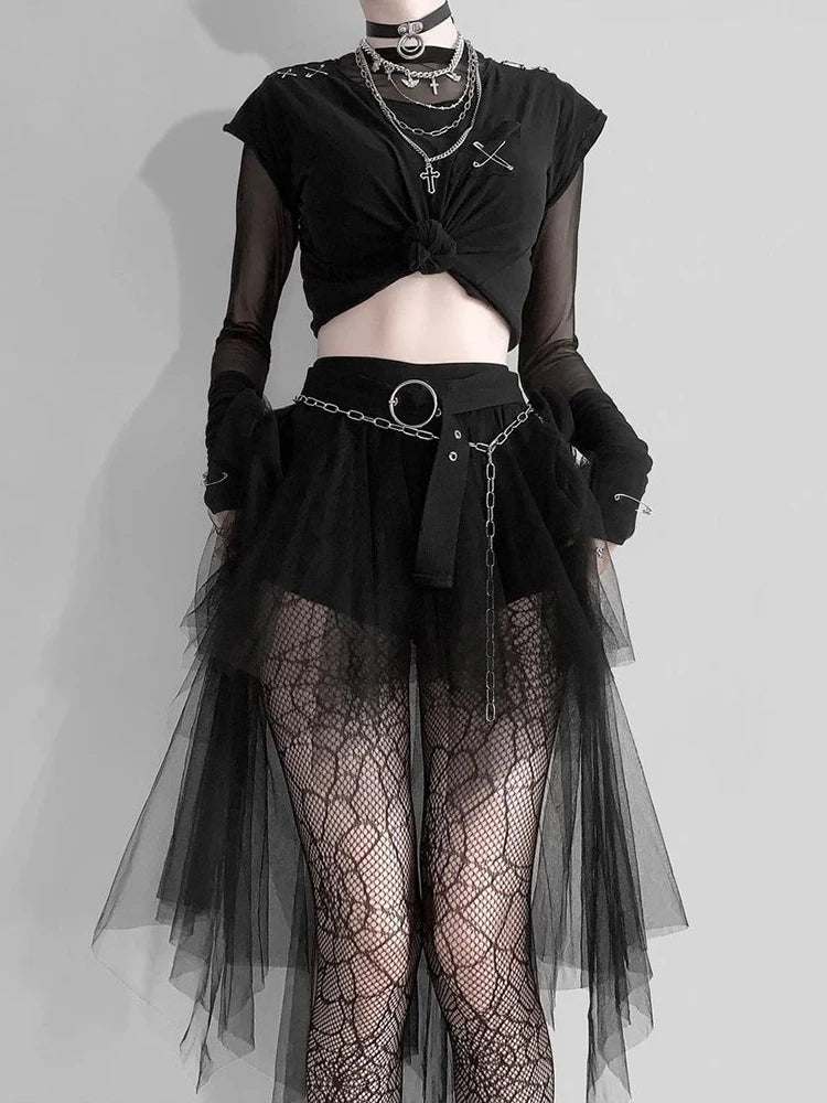 AltGoth Harajuku Alternative Goth Sheer Mesh High Wasted Irregular Hem Skirt