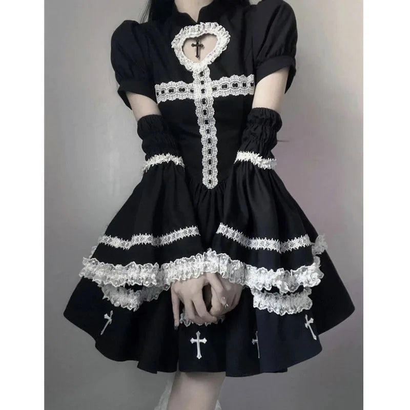 Japanese Gothic Cosplay Dress Female Harajuku Maid Kawaii Lolita Dress Women Costumes Hollow Out Long Sleeve Lace Y2k Clothes