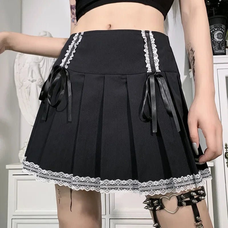 Lace-Up Goth Y2K Skirt - Pink Stripe Plaid with Lace Trim, Pleated School Skirt, Perfect for Punk Dark Academia Aesthetic E-Girl Clothes