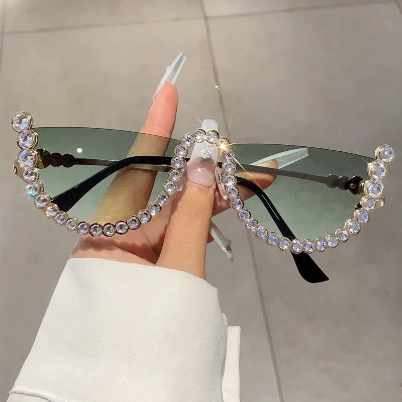 Vintage Gradient Semi-Round Sunglasses for Women - Fashionable Half-Rimless Shades with Rhinestones | KAMMPT Trendy Brand Eyewear