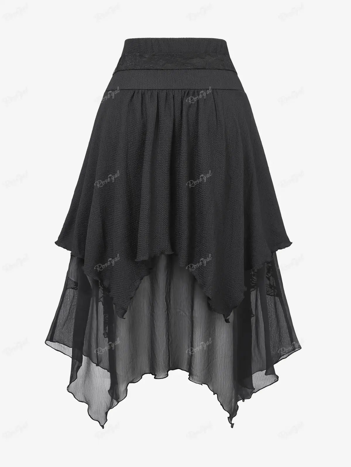 ROSEGAL Plus Size Black Floral Lace Ruffle Skirt - Asymmetrical Tie Waist Layered Skirt for Women