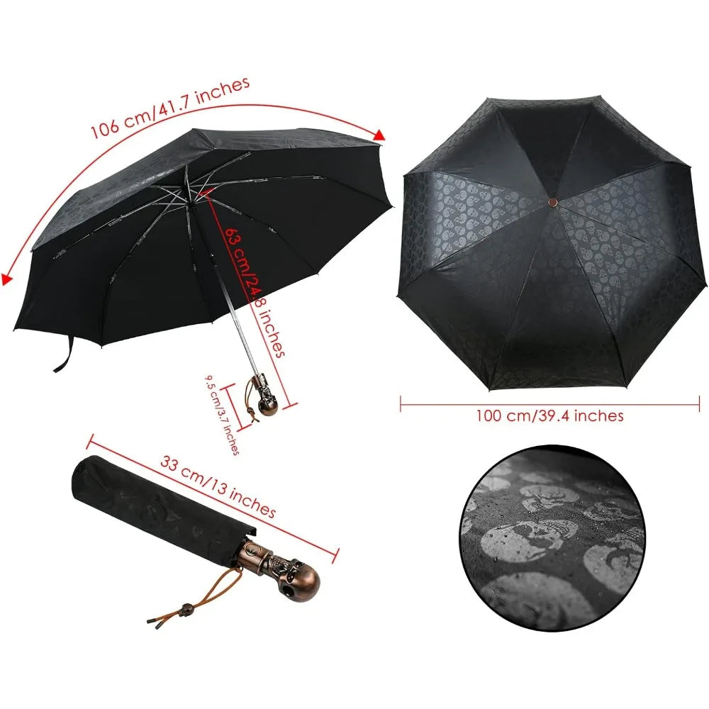 UV Umbrella Skull Parasol Folding Umbrella Automatic Open and Close Sun Umbrella for Walking with Black Anti-UV Rubber Layer