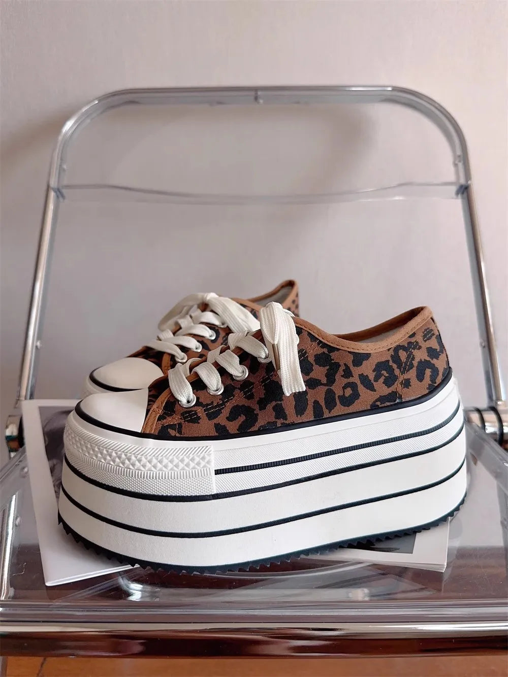 Women Leopard canvas shoes woman high thick wedges Heels pumps Lady Dress party shoes round toe 32-47 lace up Stripe splicing