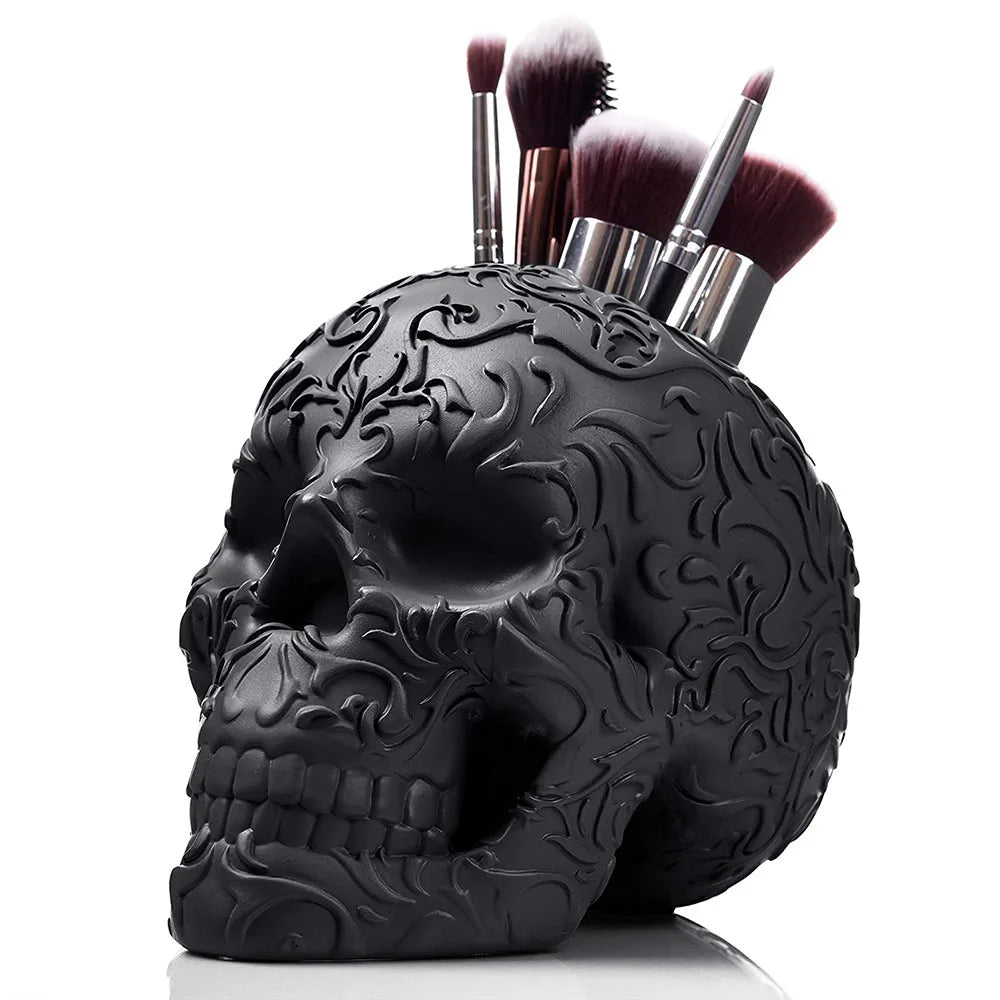 Skull Makeup Brush Holder | Black Resin Home Decor| Housewarming Gifts