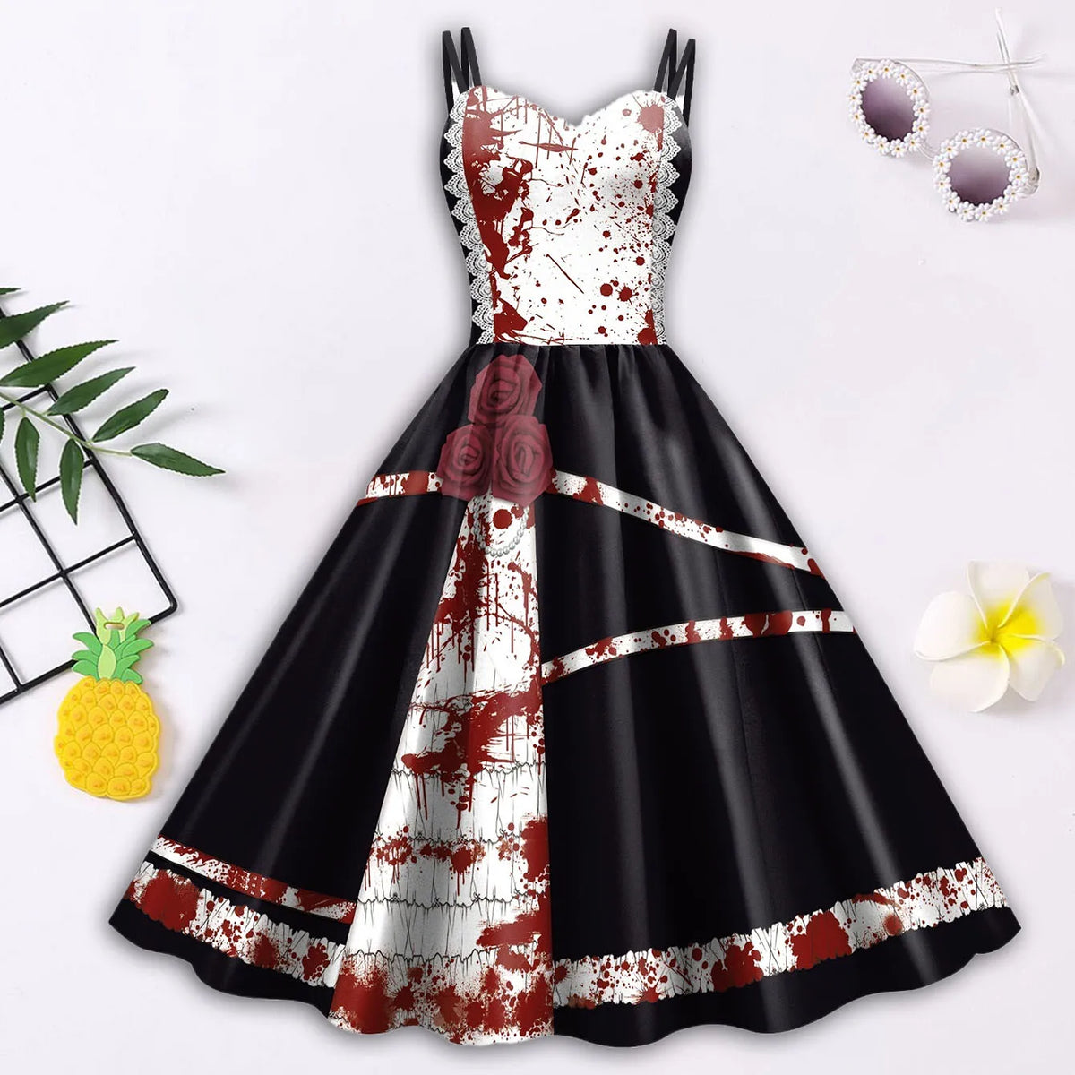 Vintage Halloween Pleated Dresses Women Casual Sleeveless Scary Printed Slip Dress Loose Lady Festival Party Spring Summer