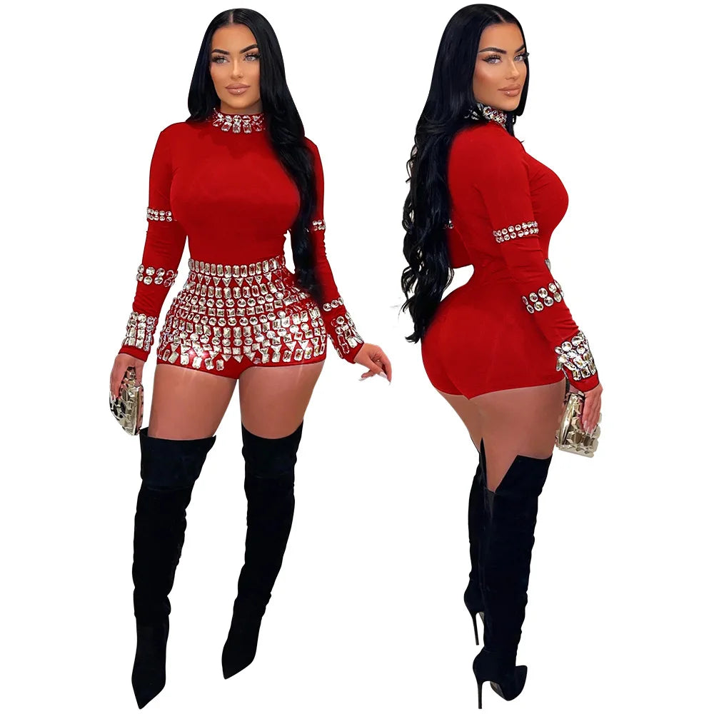 CM.YAYA Women's Diamonds Hot Rhinestones Long Sleeve Short Jumpsuit - Sexy Party Club One Piece Romper for Summer 2024