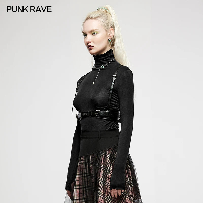 PUNK RAVE Women's Punk Double Leather Belt - Heavy Duty Adjustable Strap, Sexy and Cool Novelty Accessory in Black