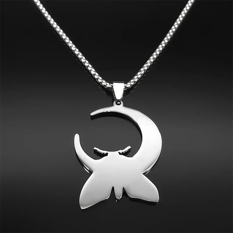 Witch Luna Moth Skull Crescent Necklace for Women Men Stainless Steel Gothic Insect Moon Phase Chain Jewelry colar N9624S02