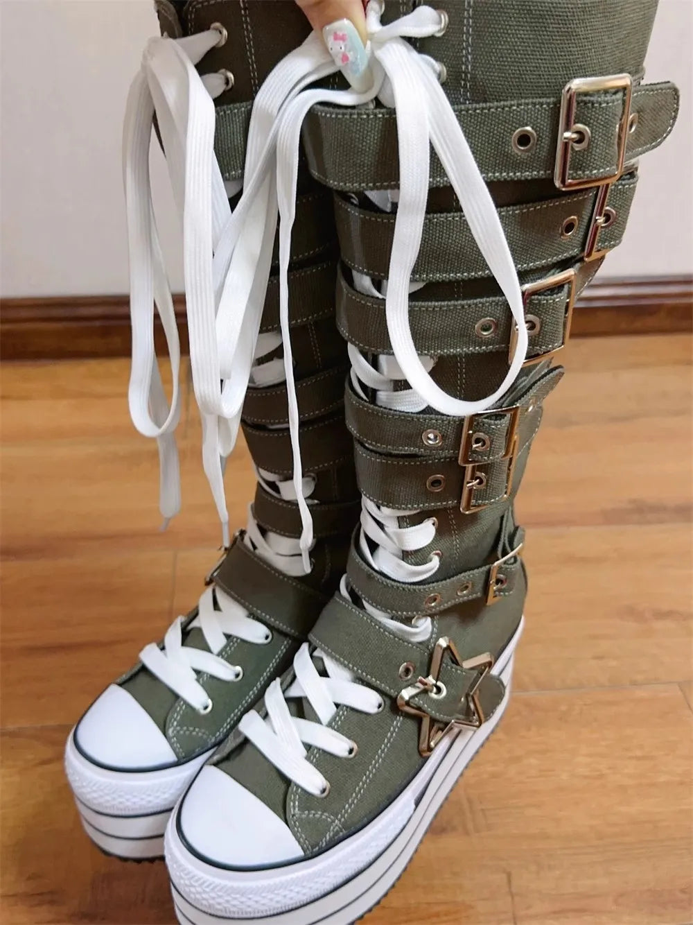 Women wasteland punk long Boots woman high wedges Heels pumps Lady Dress party shoes big toe army green customized canvas shoes