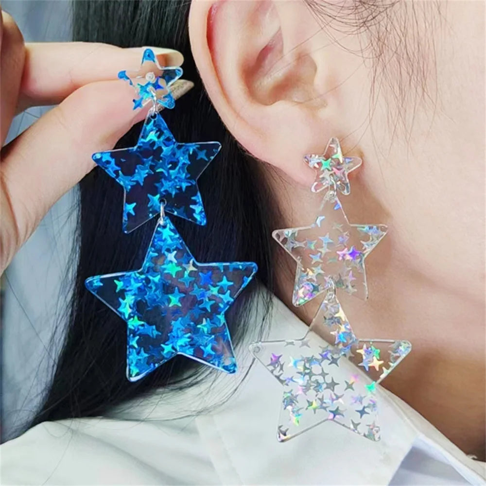 Triple Five-Pointed Star Earrings - Colorful Earstuds Spliced Acrylic Bohemian Hawaiian Shiny Jewelry