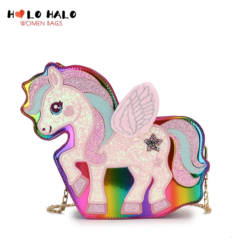 Cute Sequin Unicorn Girl Chain Purse and Shoulder Bag for Women Kawaii Embroidered Cartoon Handbags Novelty Coloful Daily Clutch