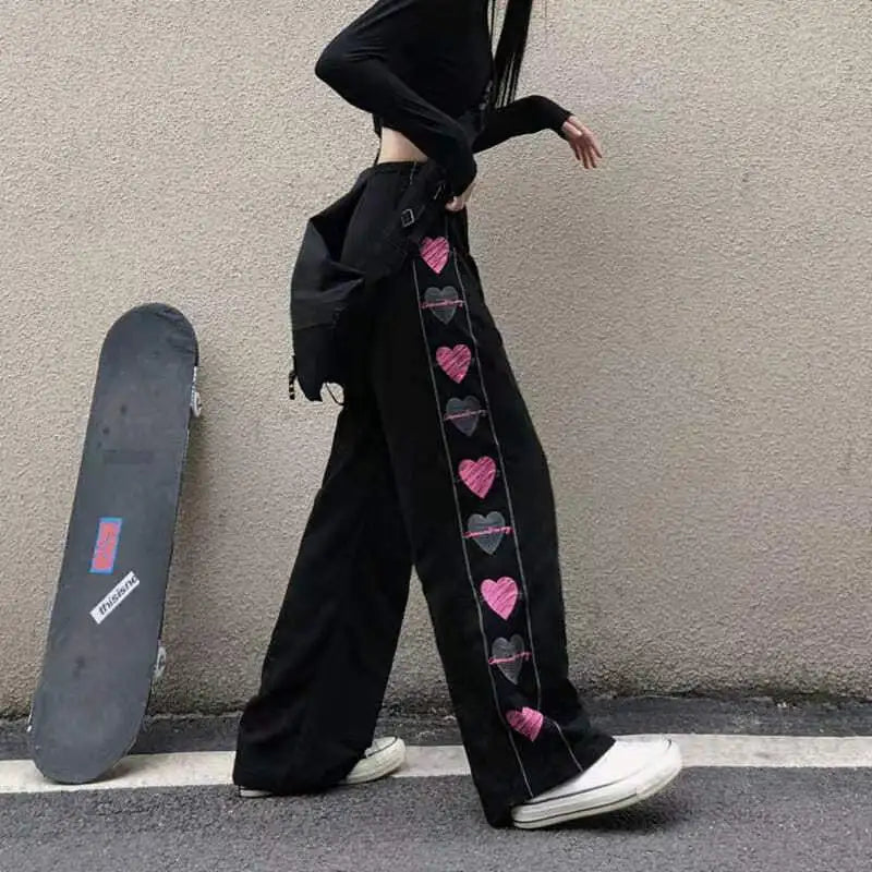 Wide Leg Cargo Pants for Women Black Baggy Pants Fairy Grunge Punk Harajuku Plus Size Trousers, Aesthetic Emo Korean Fashion