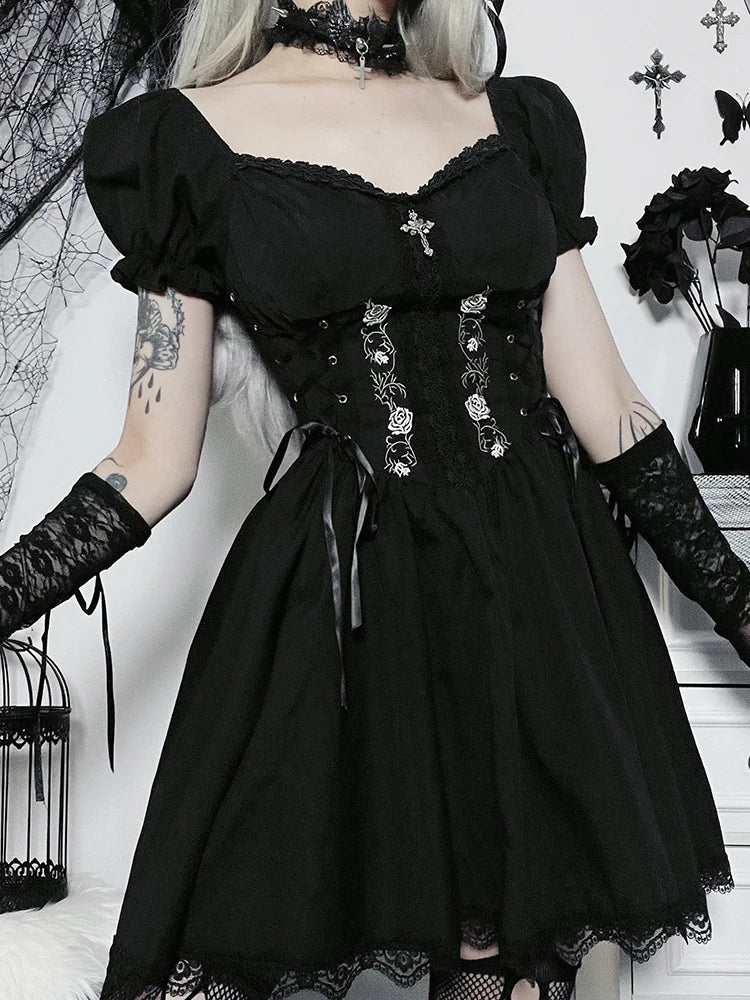 AltGoth Vintage Gothic Princess Dress Women Dark Harajuku Lace Up Cross Corset Dress Streetwear Partywear Lolita Dress