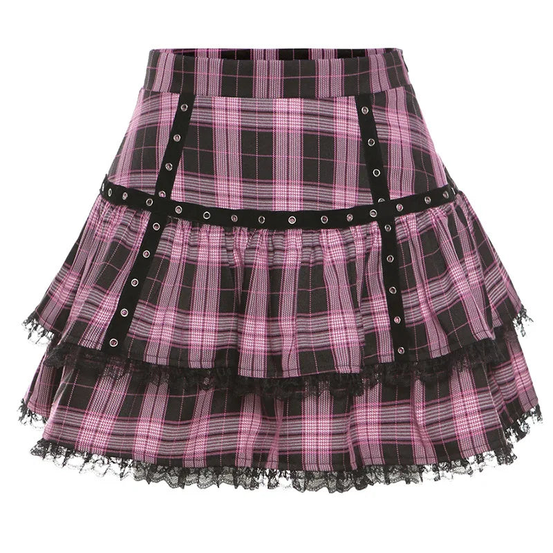 FICHOR Mall Goth Lace Ruffle Mini Skirt | Harajuku Fairy Grunge Pink Plaid Pleated Skirt