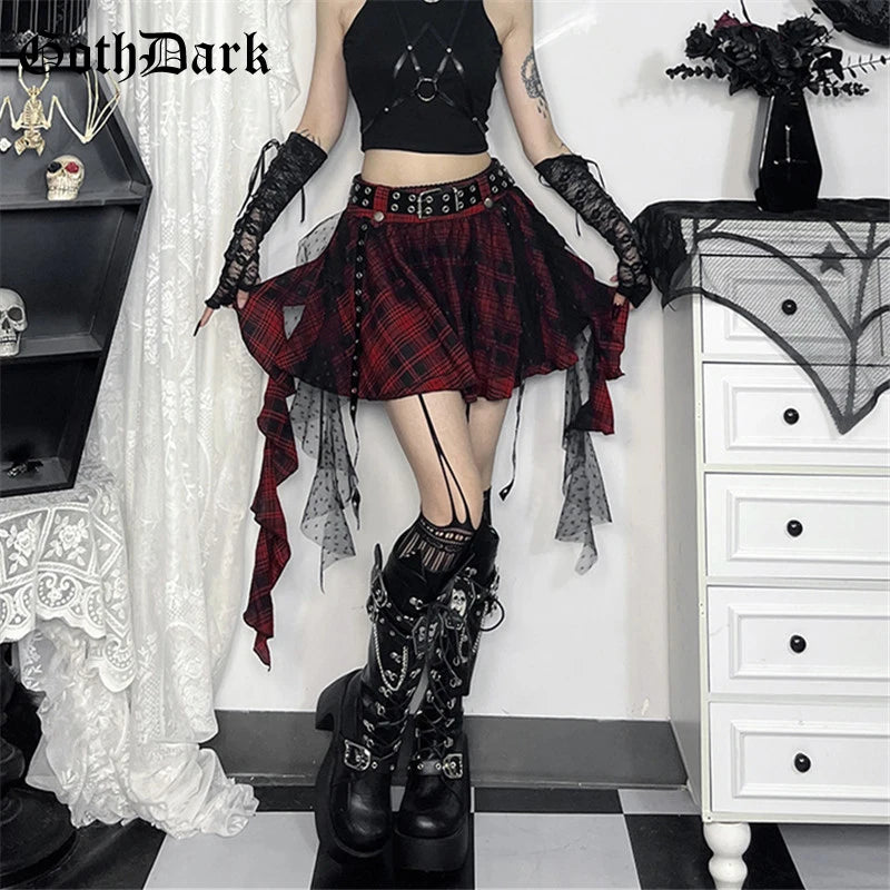 Goth Dark 90s Grunge Plaid – Mall Goth Irregular Lace Ribbon Women's Mini Skirt