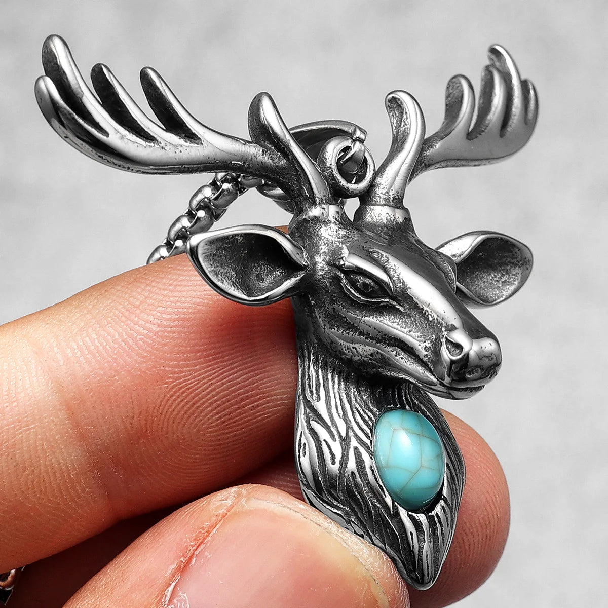 Deer Pendant Necklace for Men – Ancient Reindeer Design, Stainless Steel Gem Chain, Rock Punk Jewelry Gift for Friends