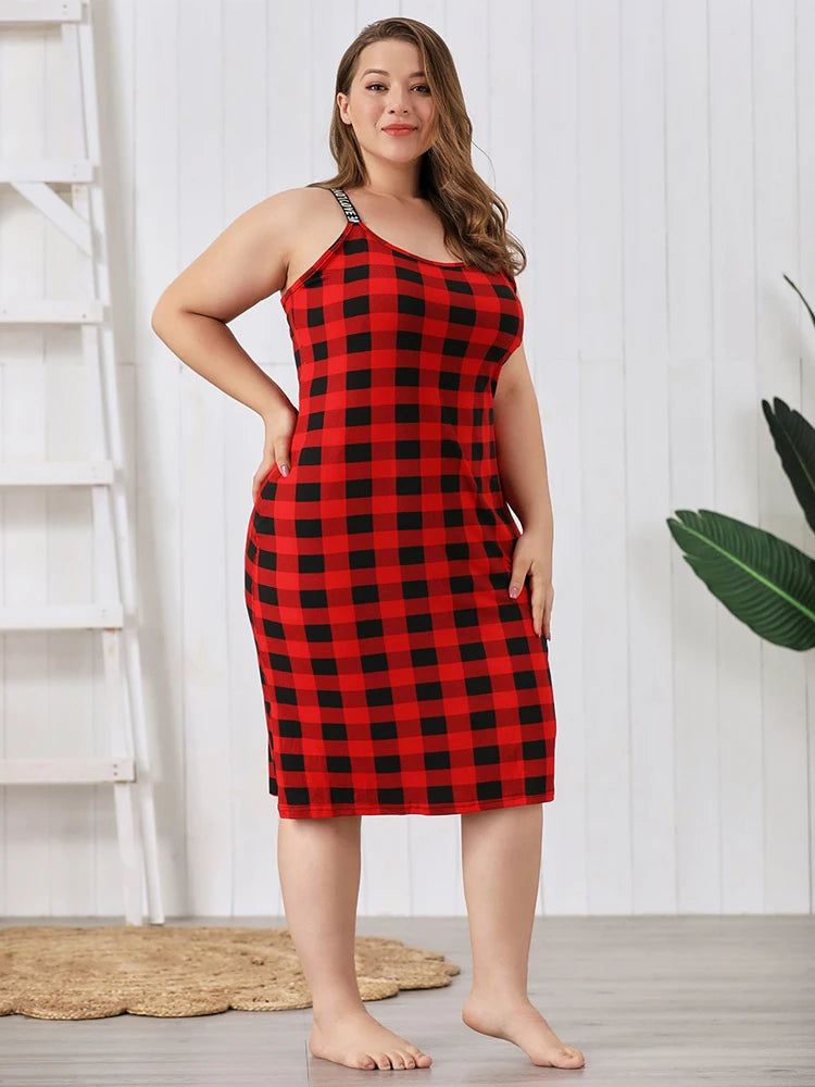 Plus Size Women’s Sexy Red Plaid Sleepwear - Sling Nightgown, Homewear Pajamas Dress