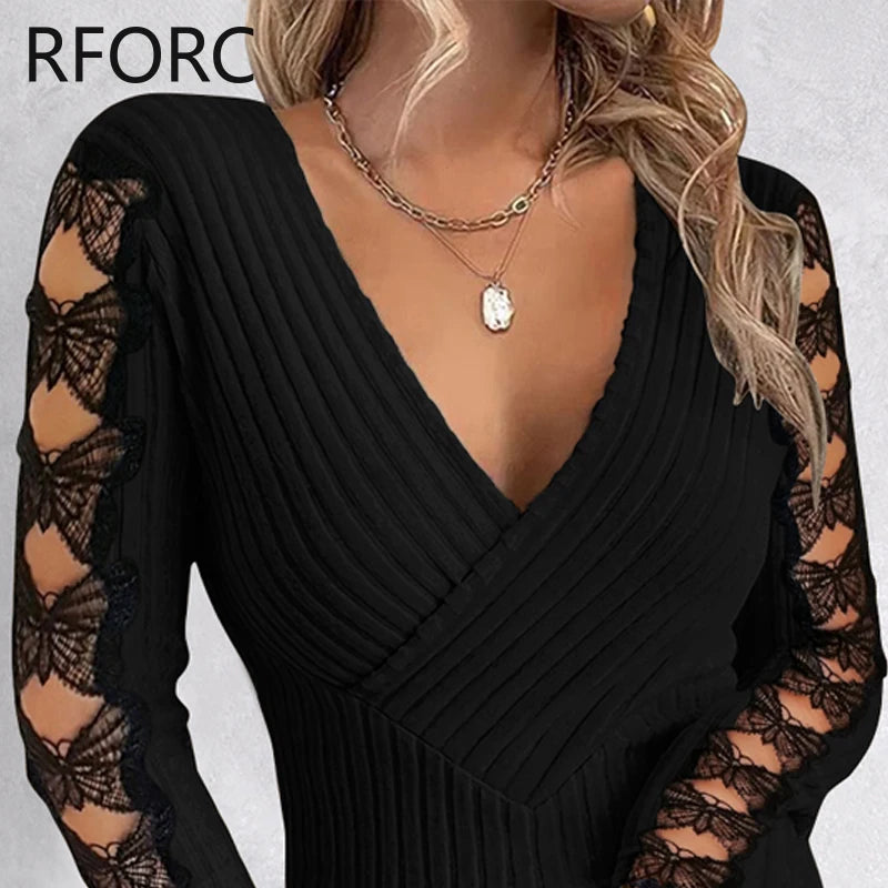 2024 Women’s Deep V-Neck Wrap Top – Black Knit Blouse with Lace Bow and Hollow Out Design