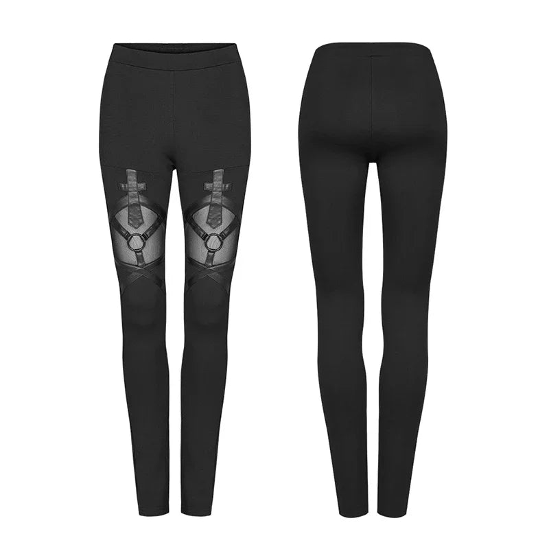 PUNK RAVE Women's Gothic Architecture Leggings - Black Mesh Perspective with Elastic Band, Fashionable Streetwear