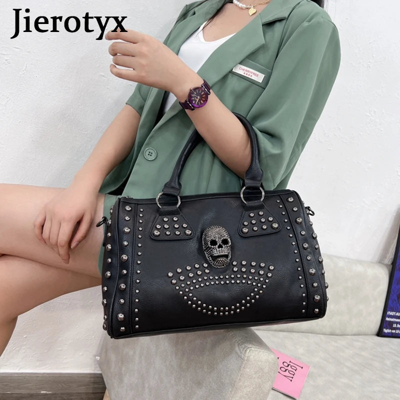 JIEROTYX Trendy Metal Skull Studded Black Handbags – Gothic Rivet Women's Purse, Satchel, Shoulder Bags with Large Capacity