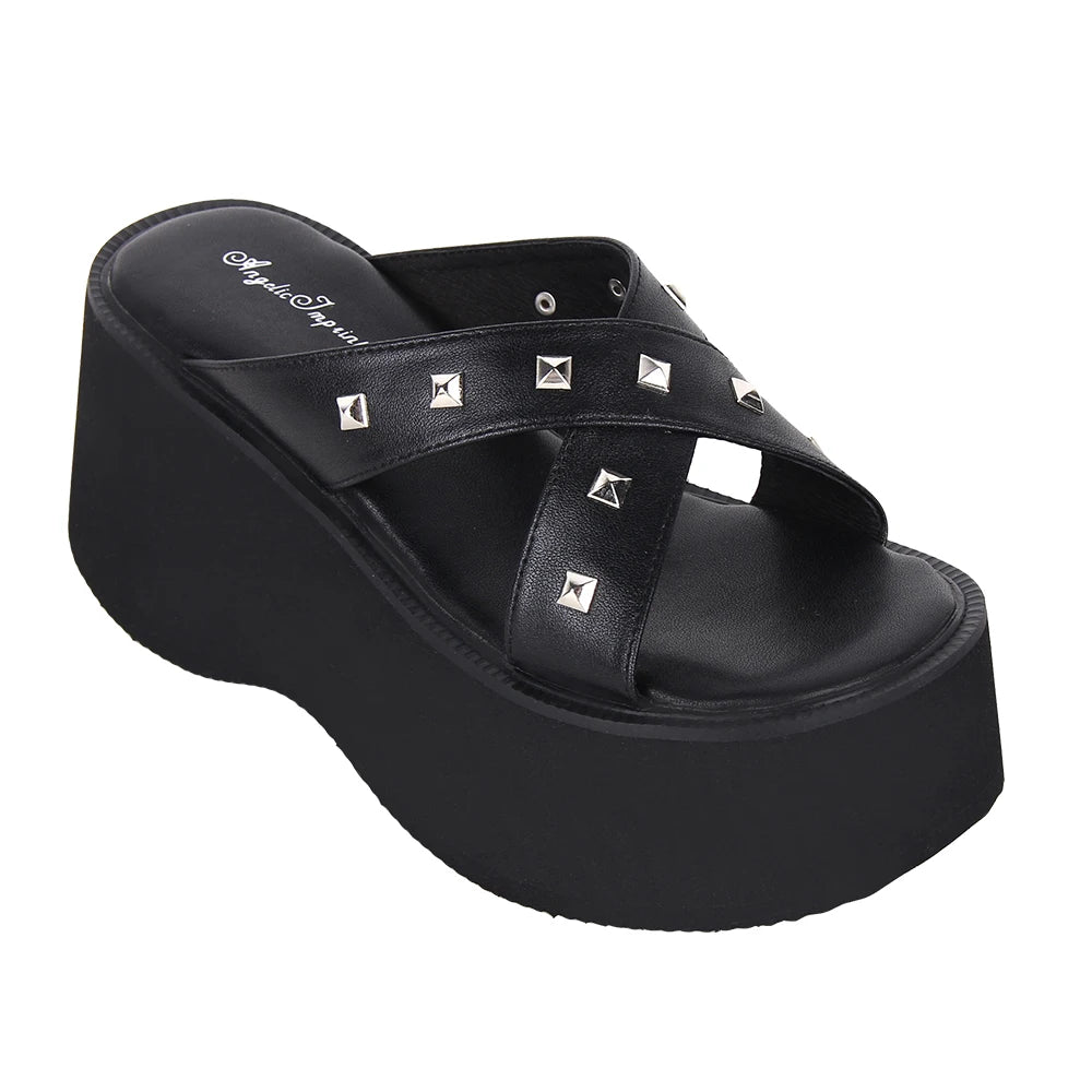 Women’s Lolita Punk Sandals - Chunky Slip-On with Cross Strap and Rivet Detail Platform Shoes