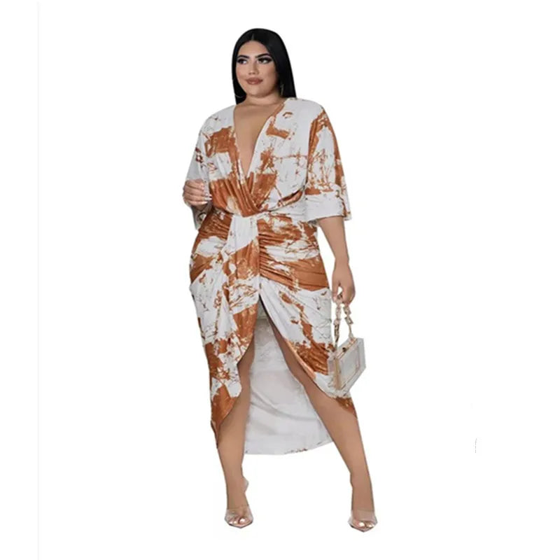 Wmstar Plus Size Dresses for Women 4xl 5xl Tie Dye V Neck  Draped Slip Hem Sexy Maxi Dress Office Lady Wholesale Dropshipping