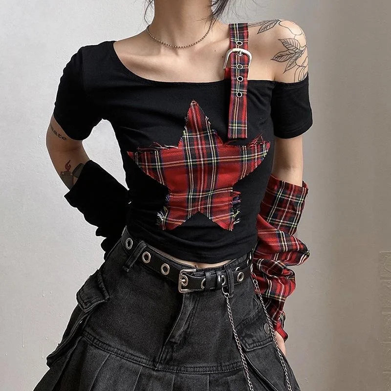 Classic Asymmetrical Women's Grunge Punk Arm Gloves Cold Shoulder Red Star Pattern Black Crop Top Y2k E-girl T-shirt