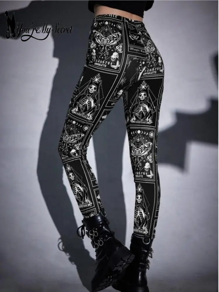 [You're My Secret] Hot Women's Leggings Elastic Halloween Dark Skul Printing Leggings Gothic Ouija Fitness Pants Harajuku Legins