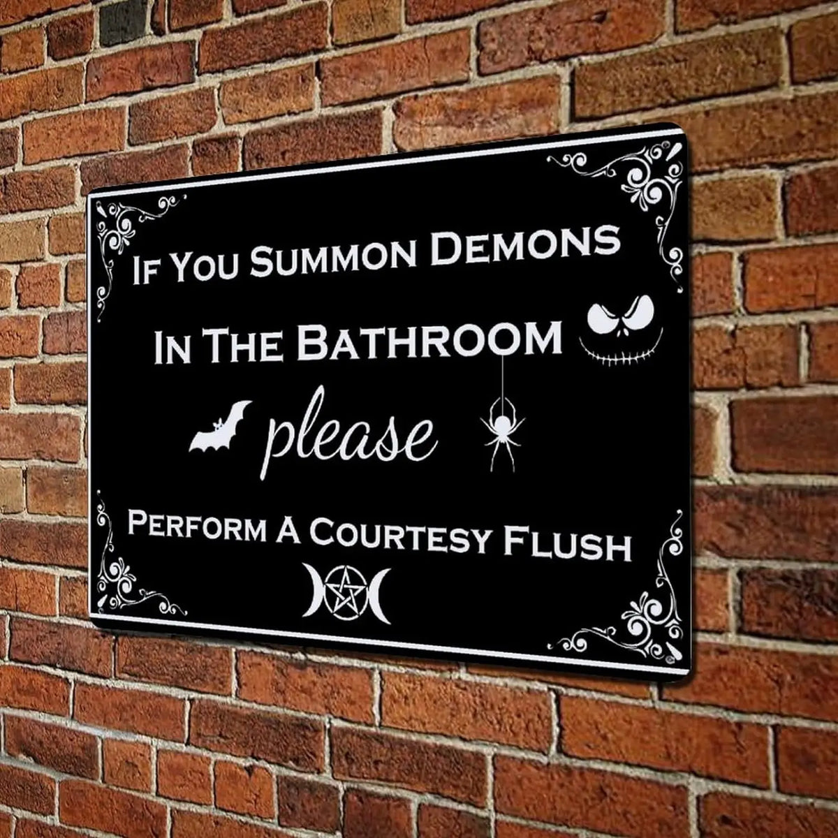 If You Summon Demons in the Bathroom" Vintage Metal Sign | Funny Halloween Humor | Gothic Bathroom Decor