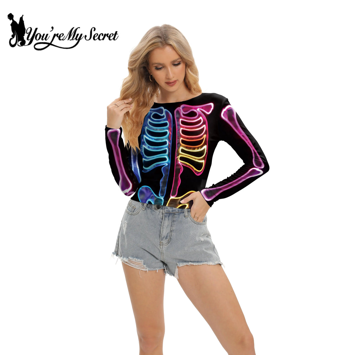 [You're My Secret] Women Black T-Shirt Skeleton Printing Slim Long-Sleeved Sexy Sheer Mesh Top Shirt Perspective Bottoming Tops