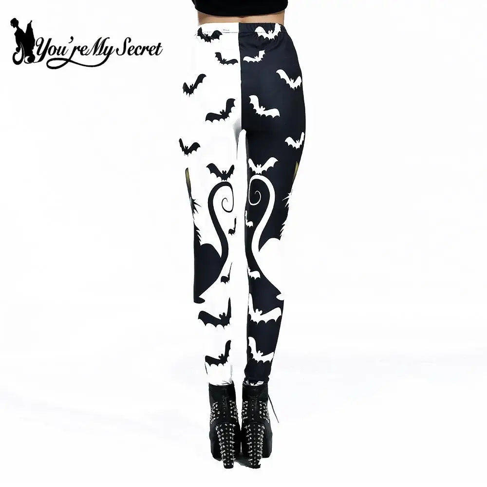 [You're MySecret] Sexy Sanding Women Cropped Pants High Waist Elastic Leggings Ouija Cat Cartoon Leggin Black White Bats Trouser