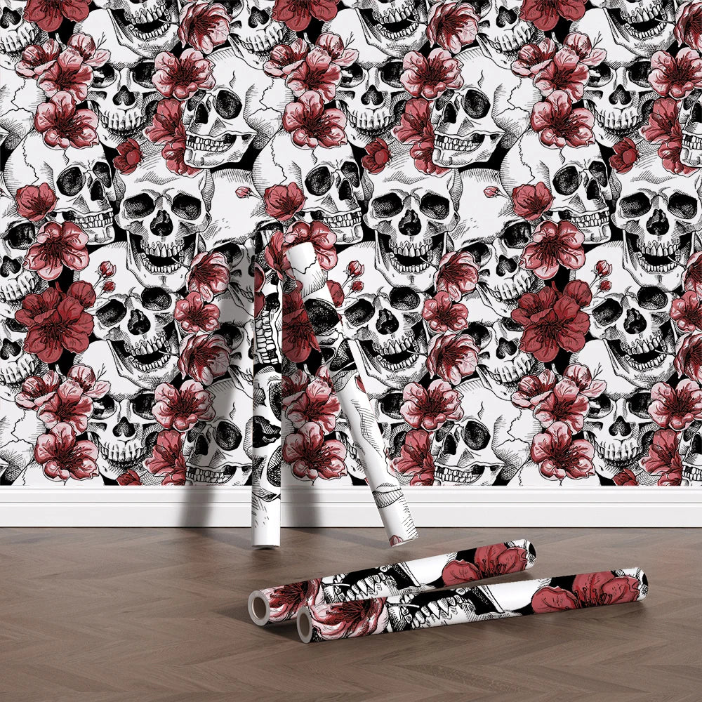 PVC Waterproof Self-Adhesive Wallpaper - Red Flower and Skull Peel and Stick Home Decor