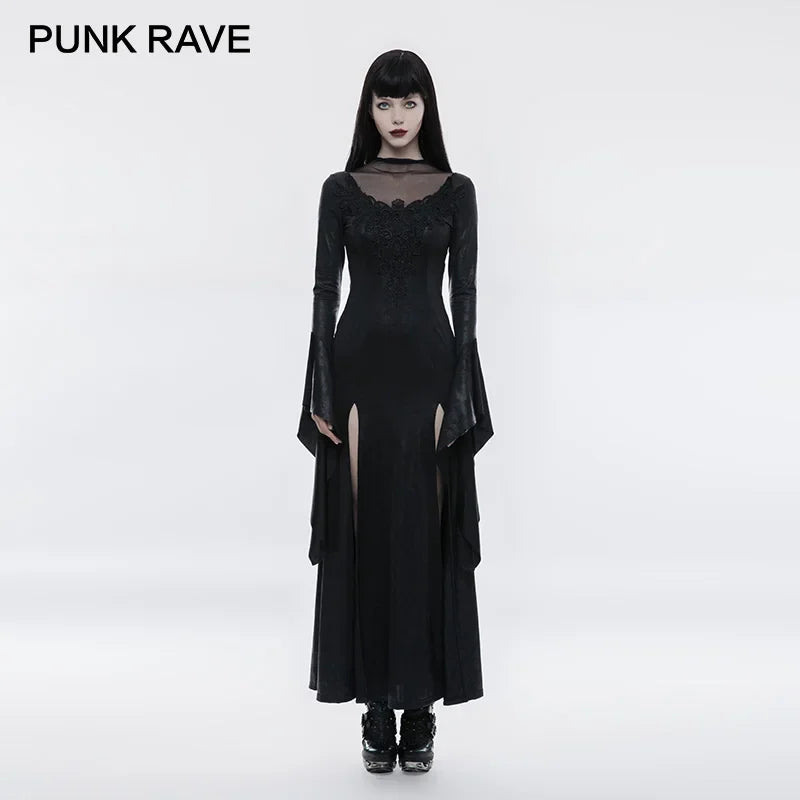 PUNK RAVE Gothic High Cross Split Long Dress - Vintage Lace Knit Mesh Hem with Collar Buttons in Black