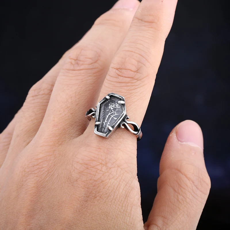 2023 Gothic Coffin Ring with Flower and Glass - Fashion Gift for Men and Women