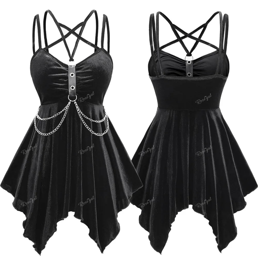 ROSEGAL Plus Size Gothic Velvet Camis Tops Black Vest | PU Strap Grommet Layered Chain Crisscross Strappy Handkerchief Tanks Y2K